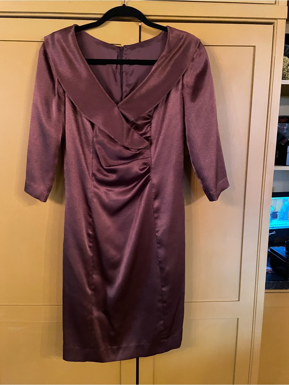 Elegant Brown custom Satin Sheath Dress - V-Neck Ruched Front.